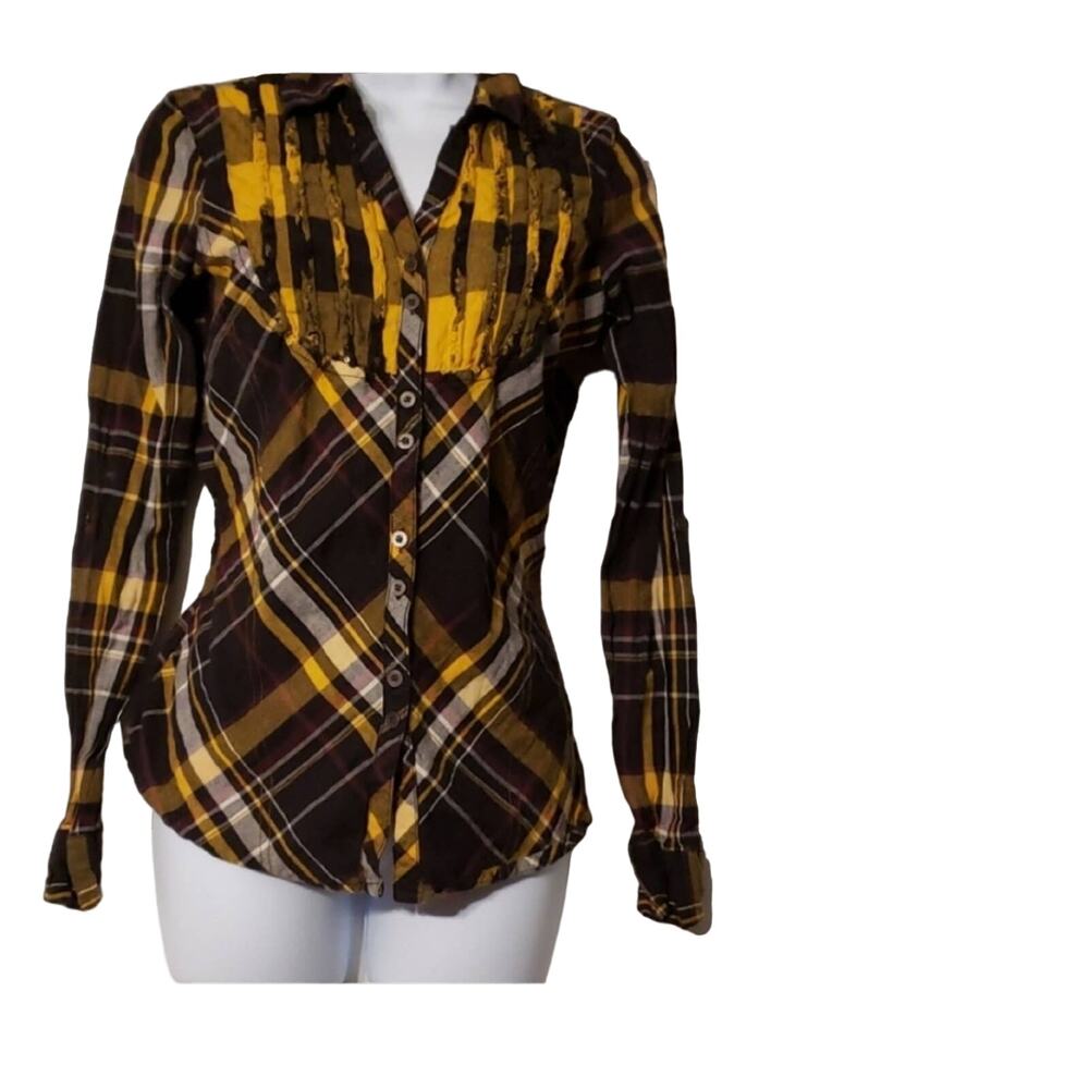 BKE Buckle Yellow/Brown/Maroon/Black Plaid Long Sleeve Button Small